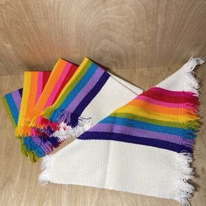 Cotton‎ Woven Fiesta Color Napkins Rainbow White With Fringe Set Of 5